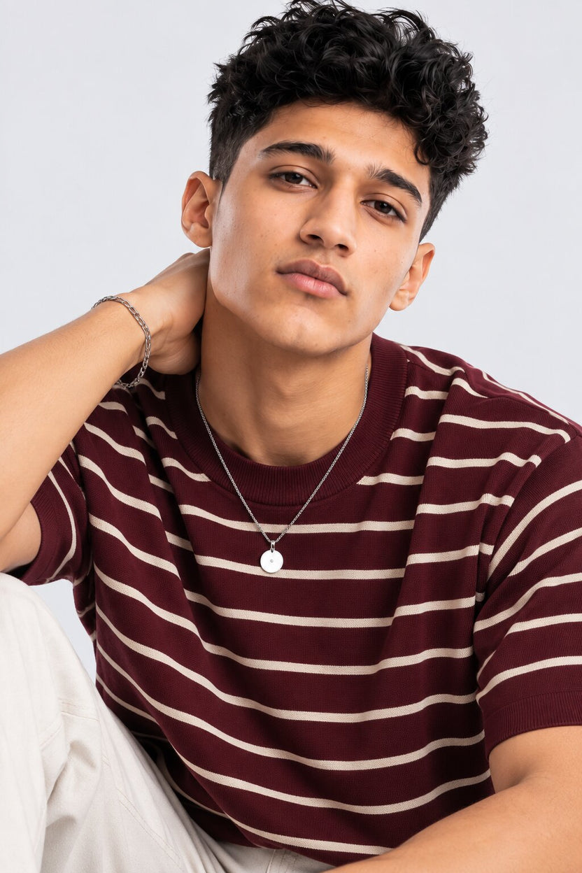 Mens Maroon Striped Cotton Blend T-Shirt - Image 9