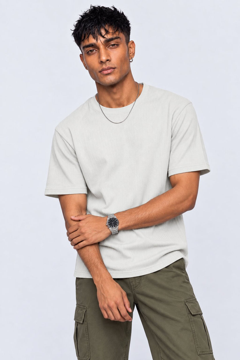 Mens Grey Textured Ribbed Cotton Blend T-Shirt - Image 2