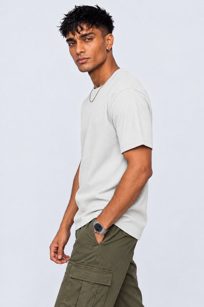 Mens Grey Textured Ribbed Cotton Blend T-Shirt - Image 4