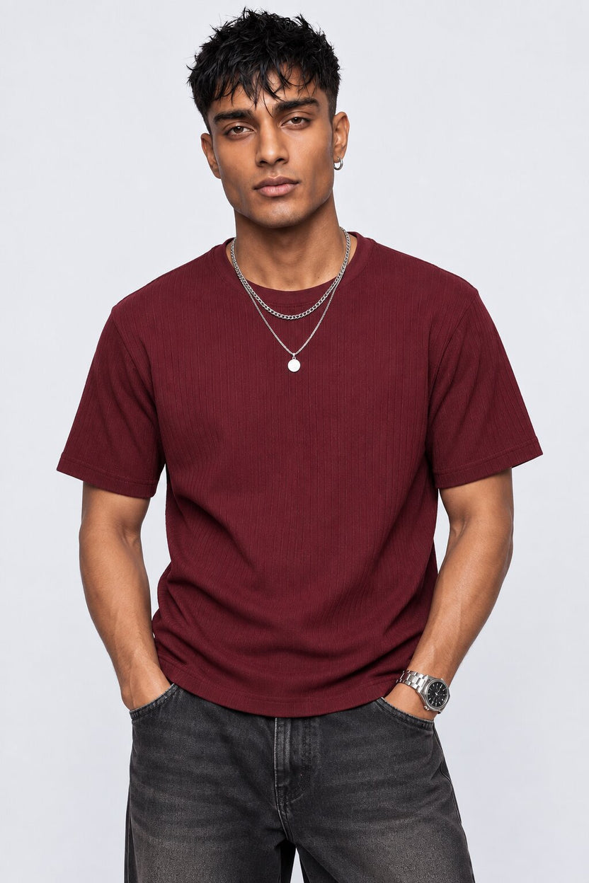 Mens Maroon Solid T-Shirt - Image 2