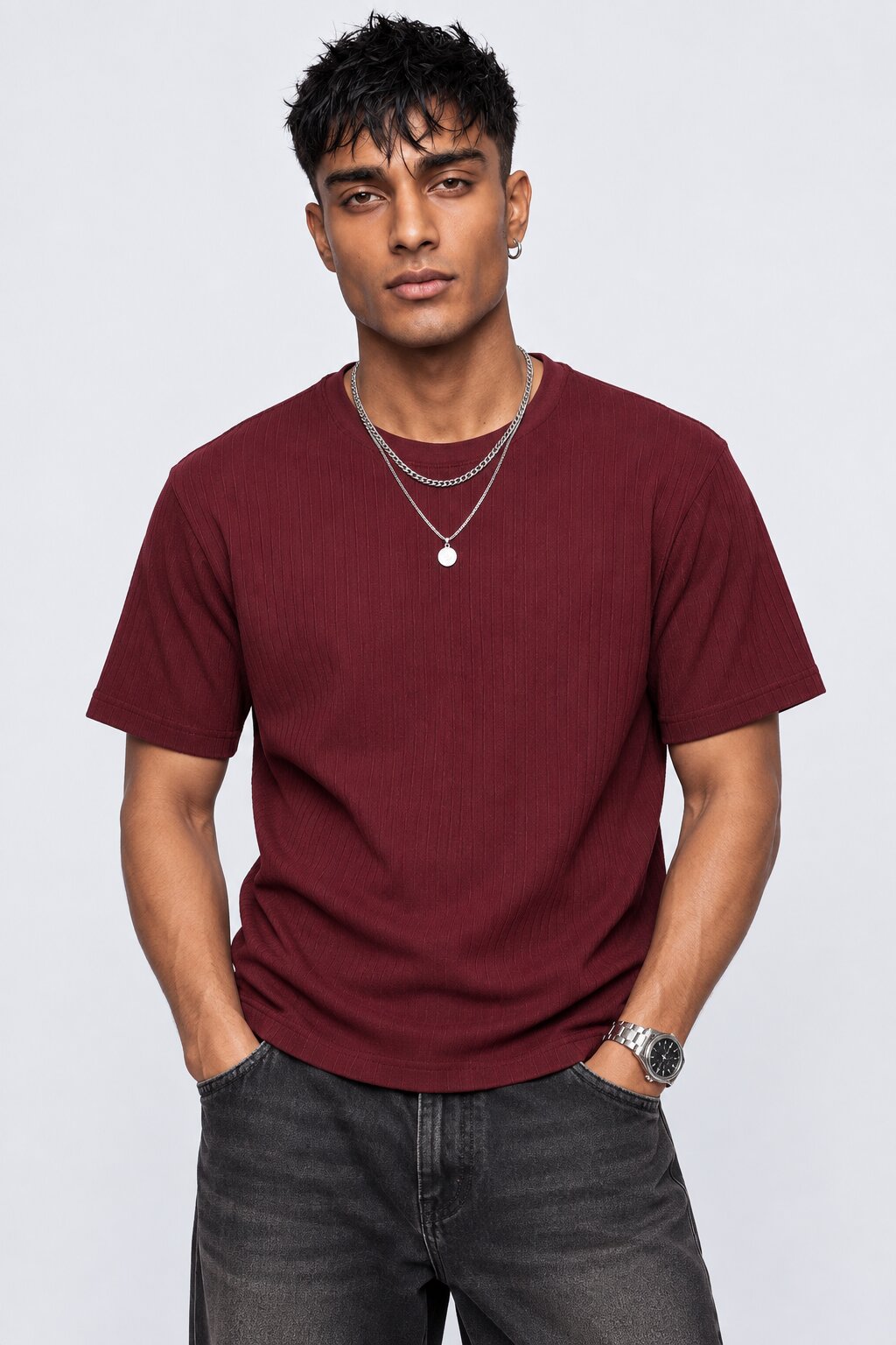 Mens Maroon Solid T-Shirt - Image 2