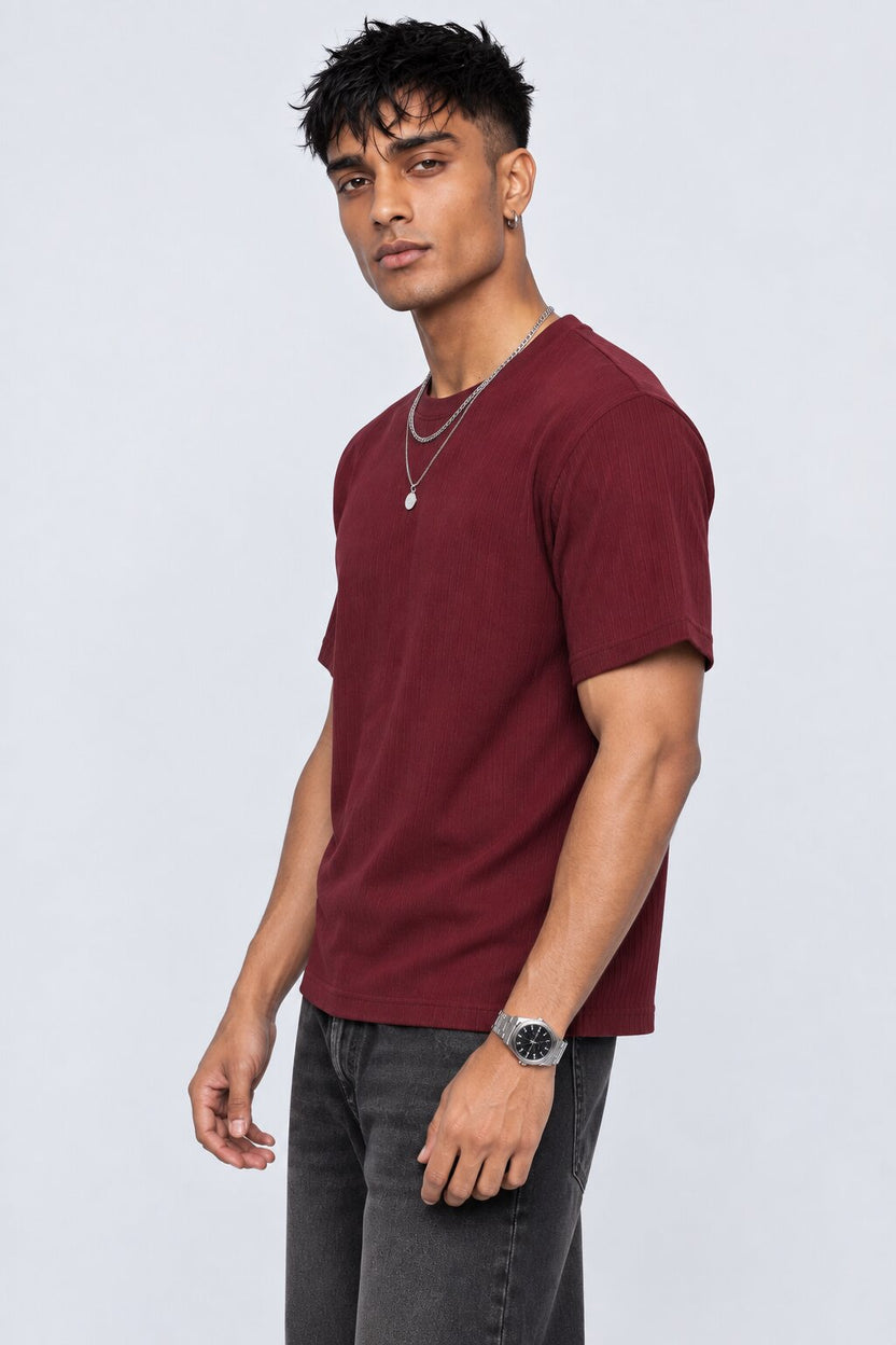 Mens Maroon Solid T-Shirt - Image 4