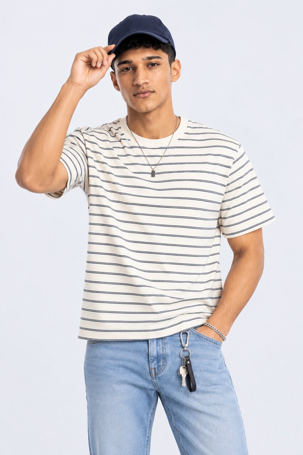 Mens White Striped Crew Neck T-Shirt - Image 1