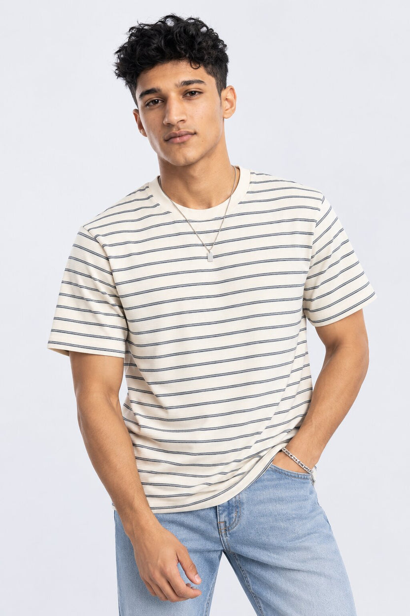 Mens White Striped Crew Neck T-Shirt - Image 2