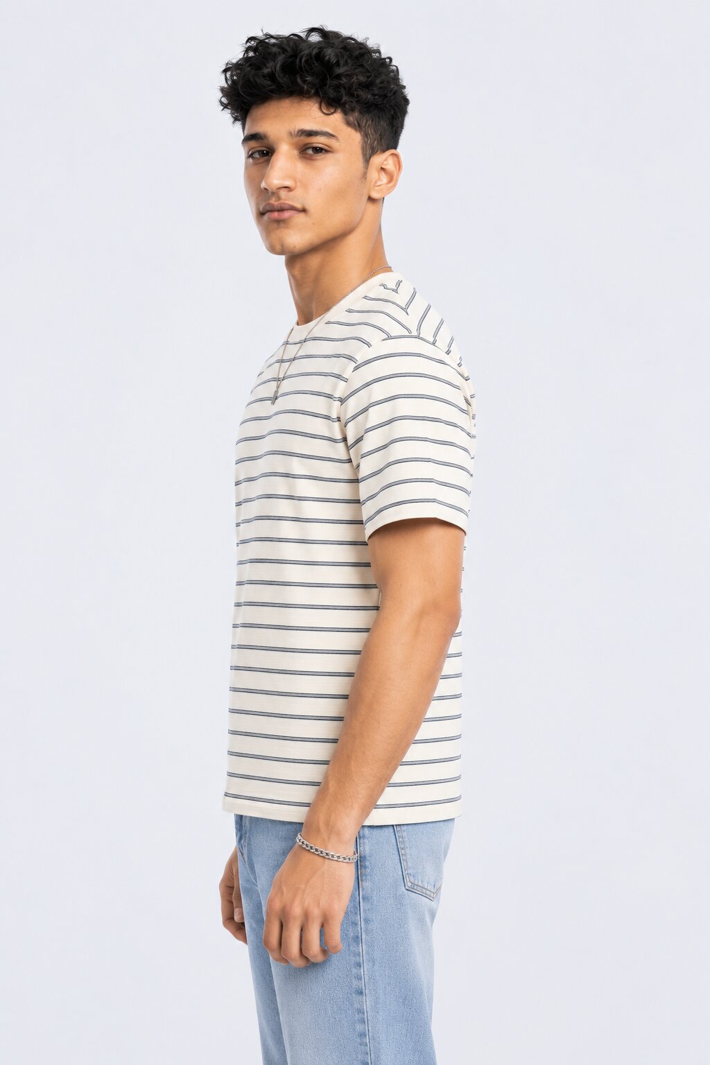 Mens White Striped Crew Neck T-Shirt - Image 4