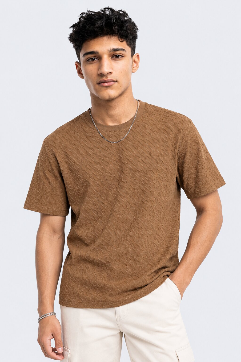 Mens Brown Textured Crew T-Shirt - Image 2