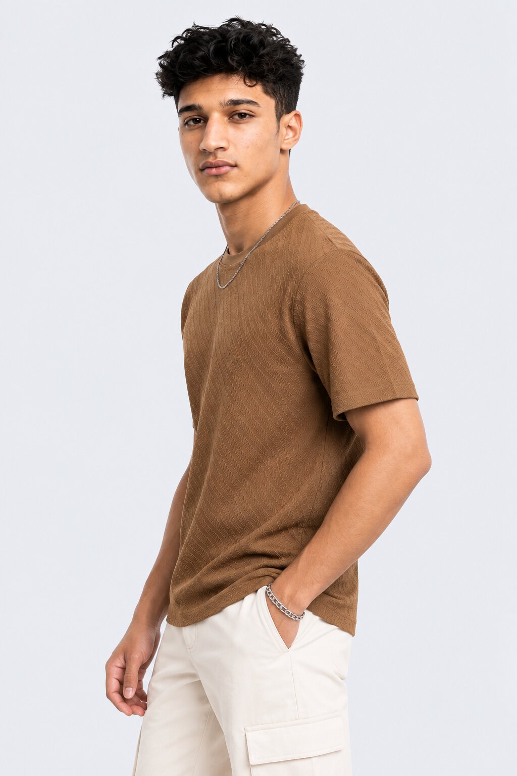 Mens Brown Textured Crew T-Shirt - Image 4