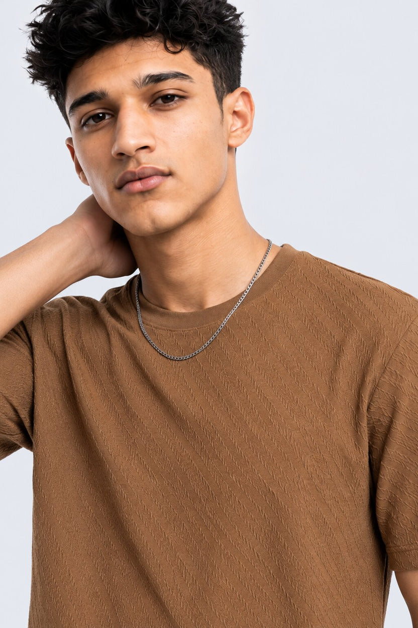 Mens Brown Textured Crew T-Shirt - Image 9