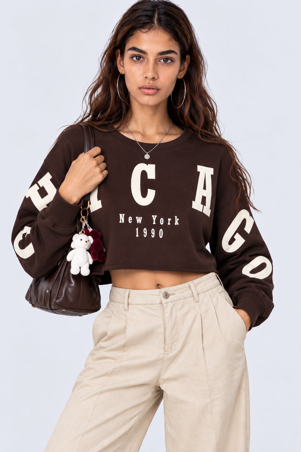 Womens Oversized Brown Typography Print Crop Sweatshirt - Image 1