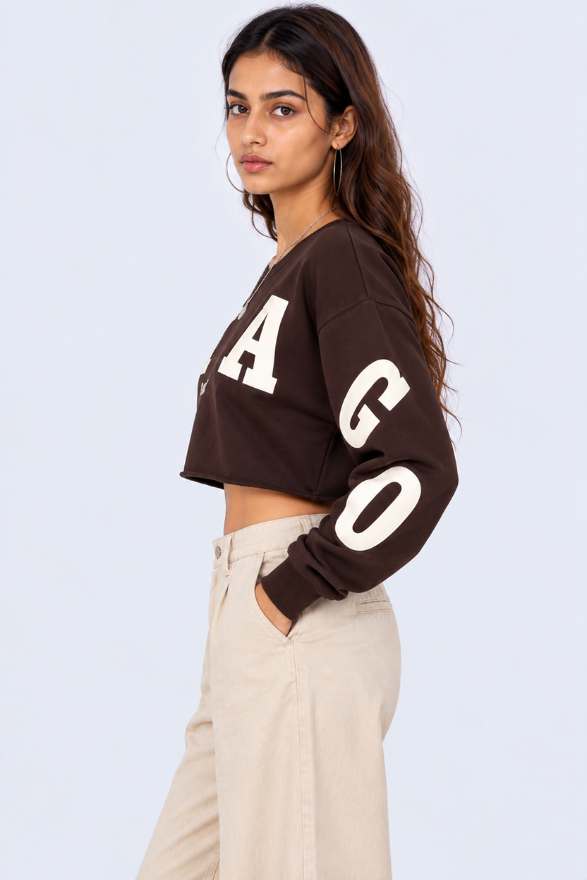 Womens Oversized Brown Typography Print Crop Sweatshirt - Image 2