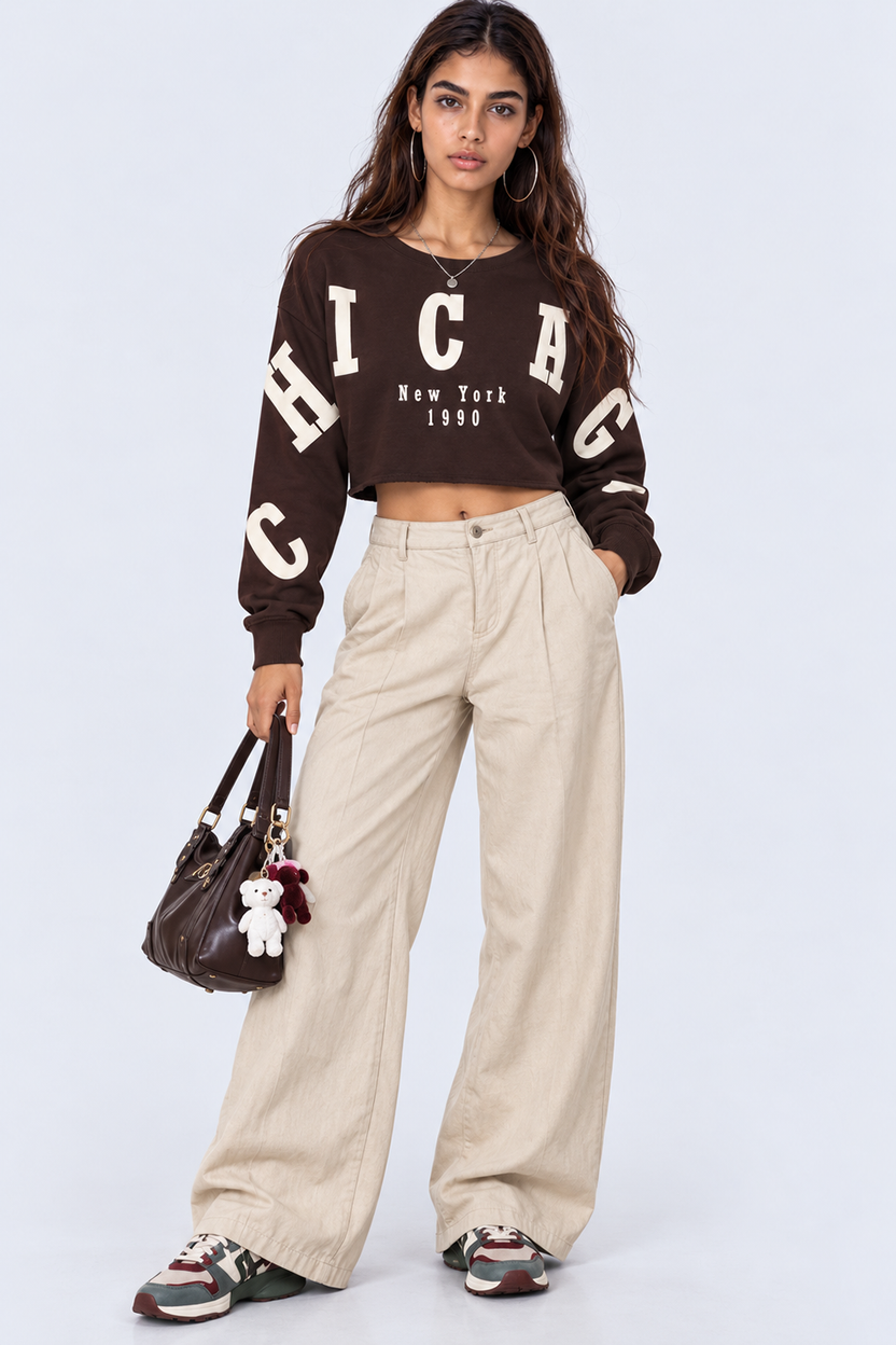 Womens Oversized Brown Typography Print Crop Sweatshirt - Image 4