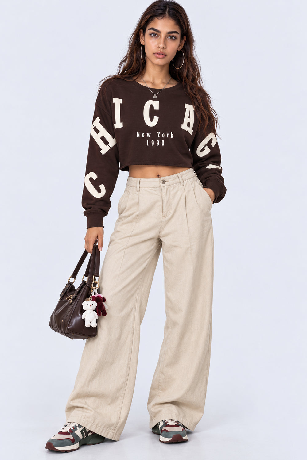 Womens Oversized Brown Typography Print Crop Sweatshirt - Image 4