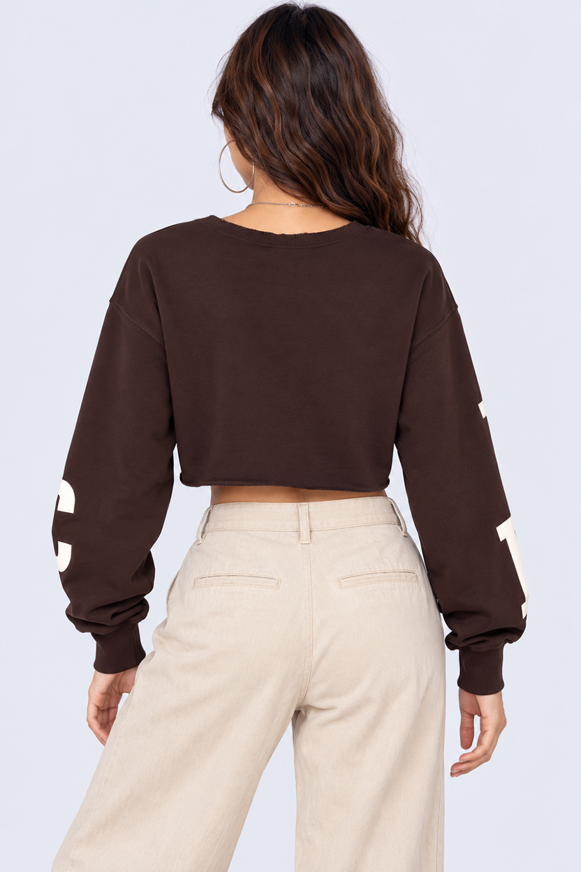 Womens Oversized Brown Typography Print Crop Sweatshirt - Image 5