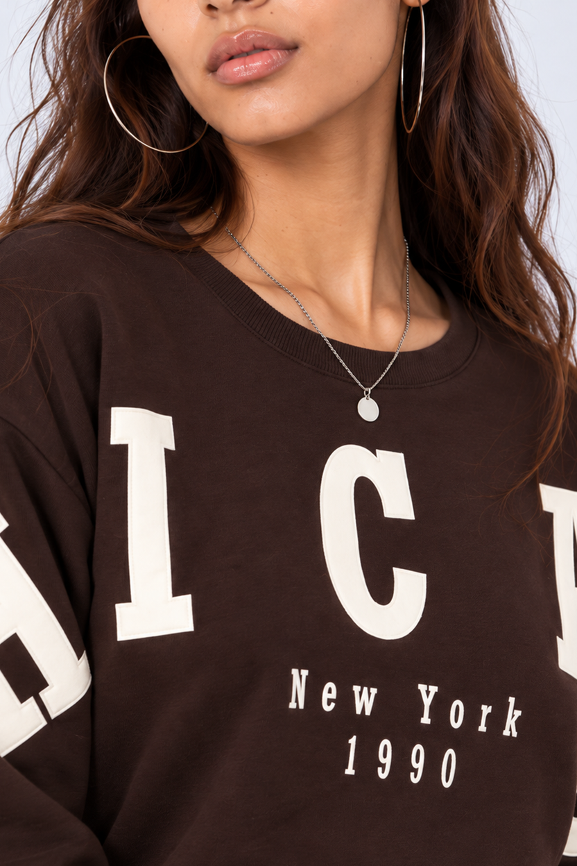 Womens Oversized Brown Typography Print Crop Sweatshirt - Image 8