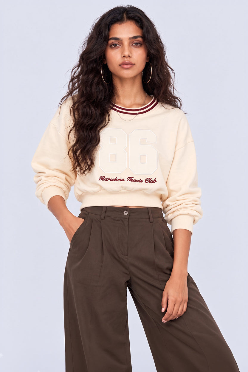 Womens Oversized Cream Typography Print Crop Sweatshirt - Image 1