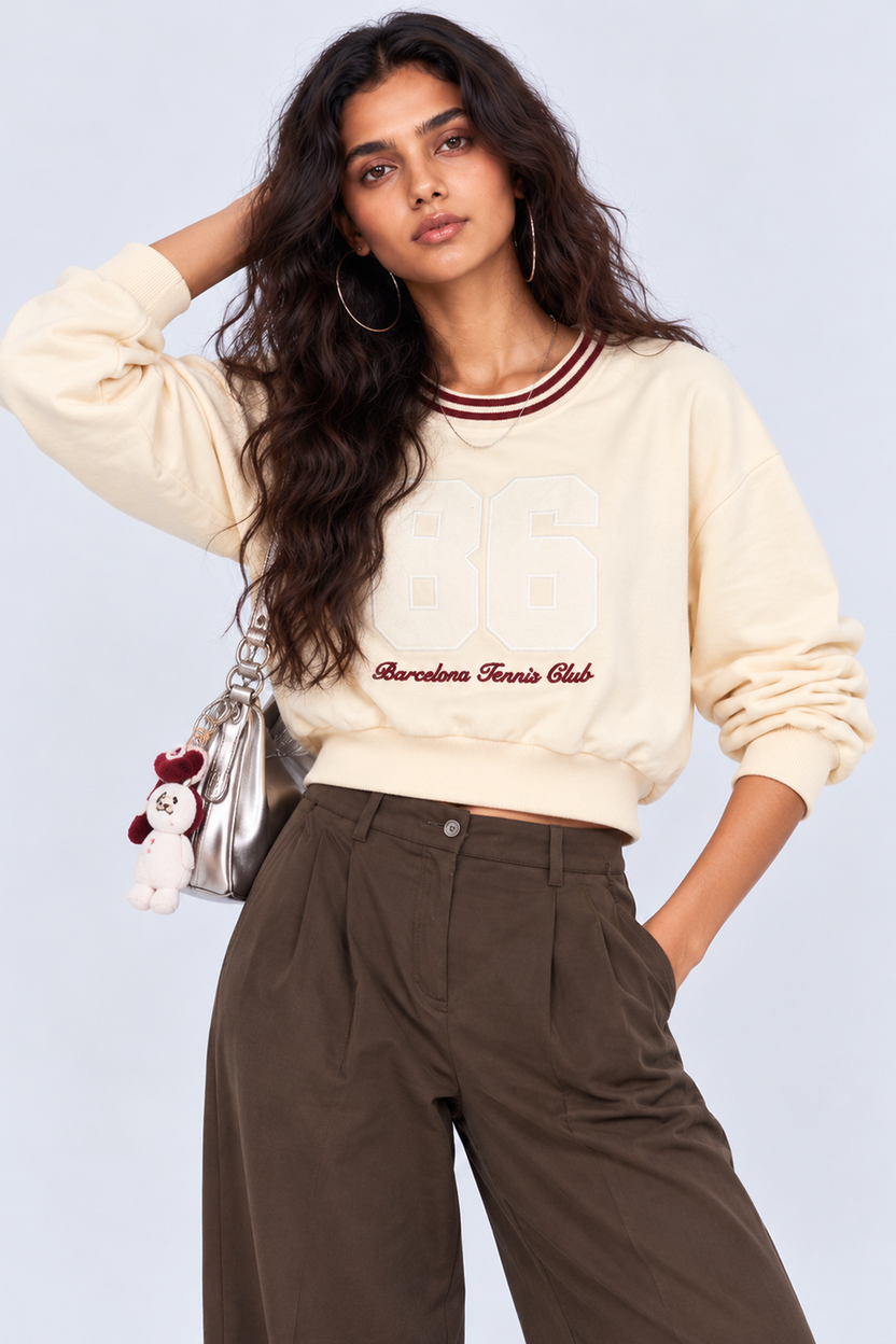Womens Oversized Cream Typography Print Crop Sweatshirt - Image 2