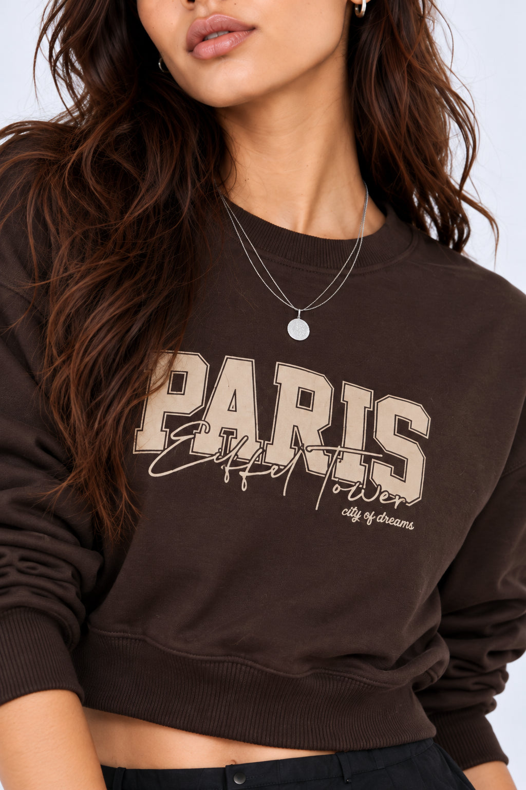 Womens Oversized Brown Typography Print Crop Sweatshirt - Image 1