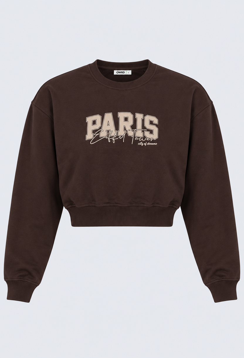 Womens Oversized Brown Typography Print Crop Sweatshirt - Image 6