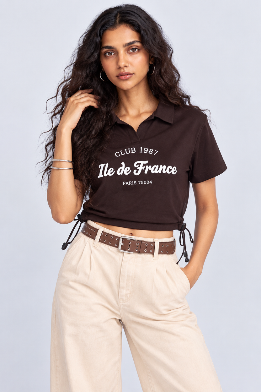 Womens Brown Typography Print Polo Crop Top - Image 1