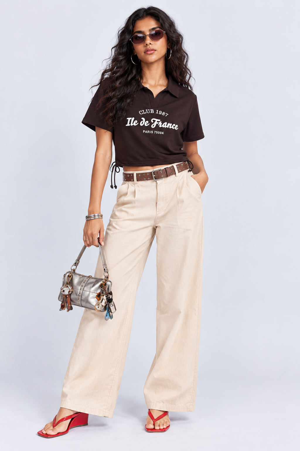 Womens Brown Typography Print Polo Crop Top - Image 5