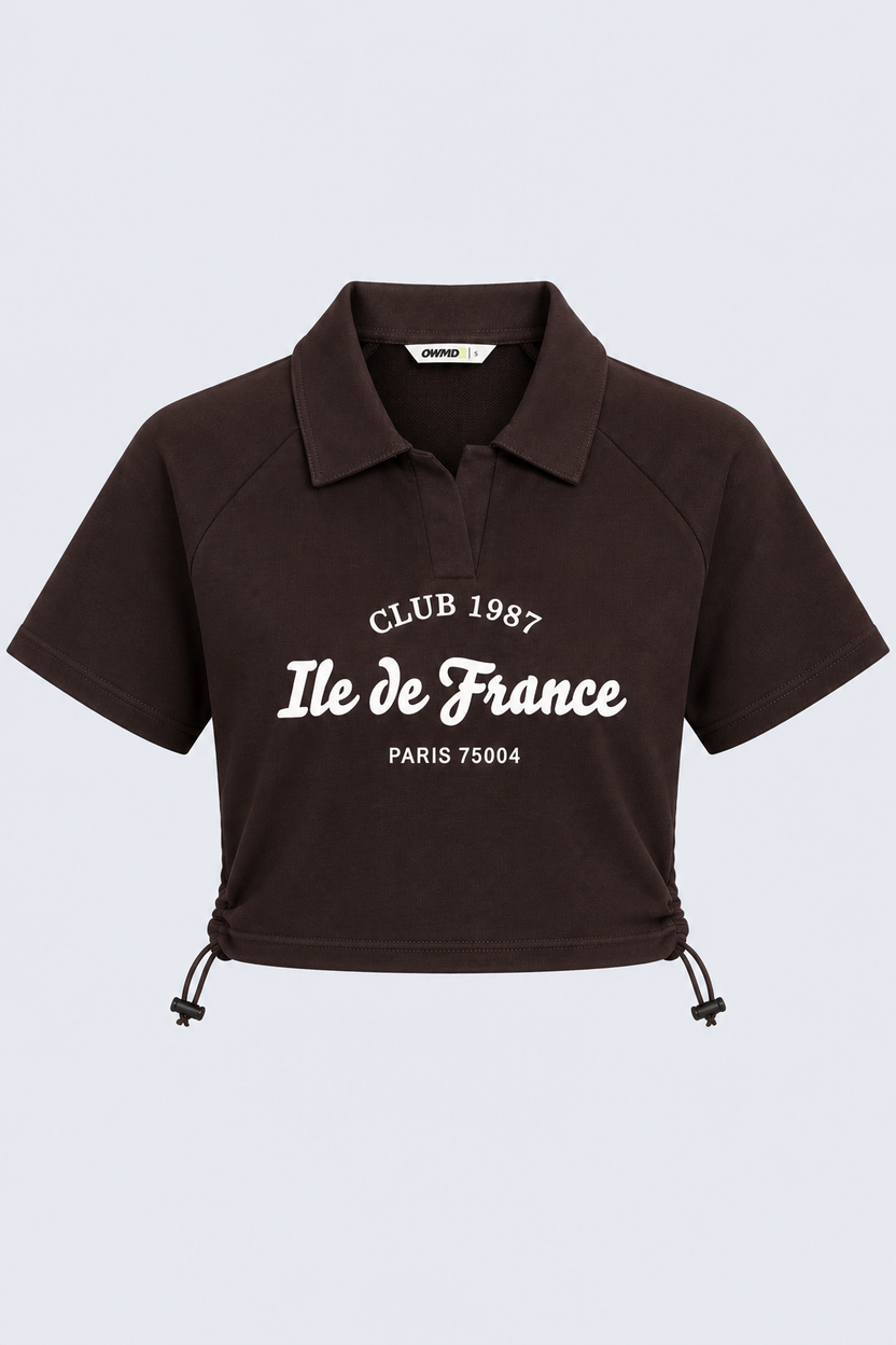 Womens Brown Typography Print Polo Crop Top - Image 6