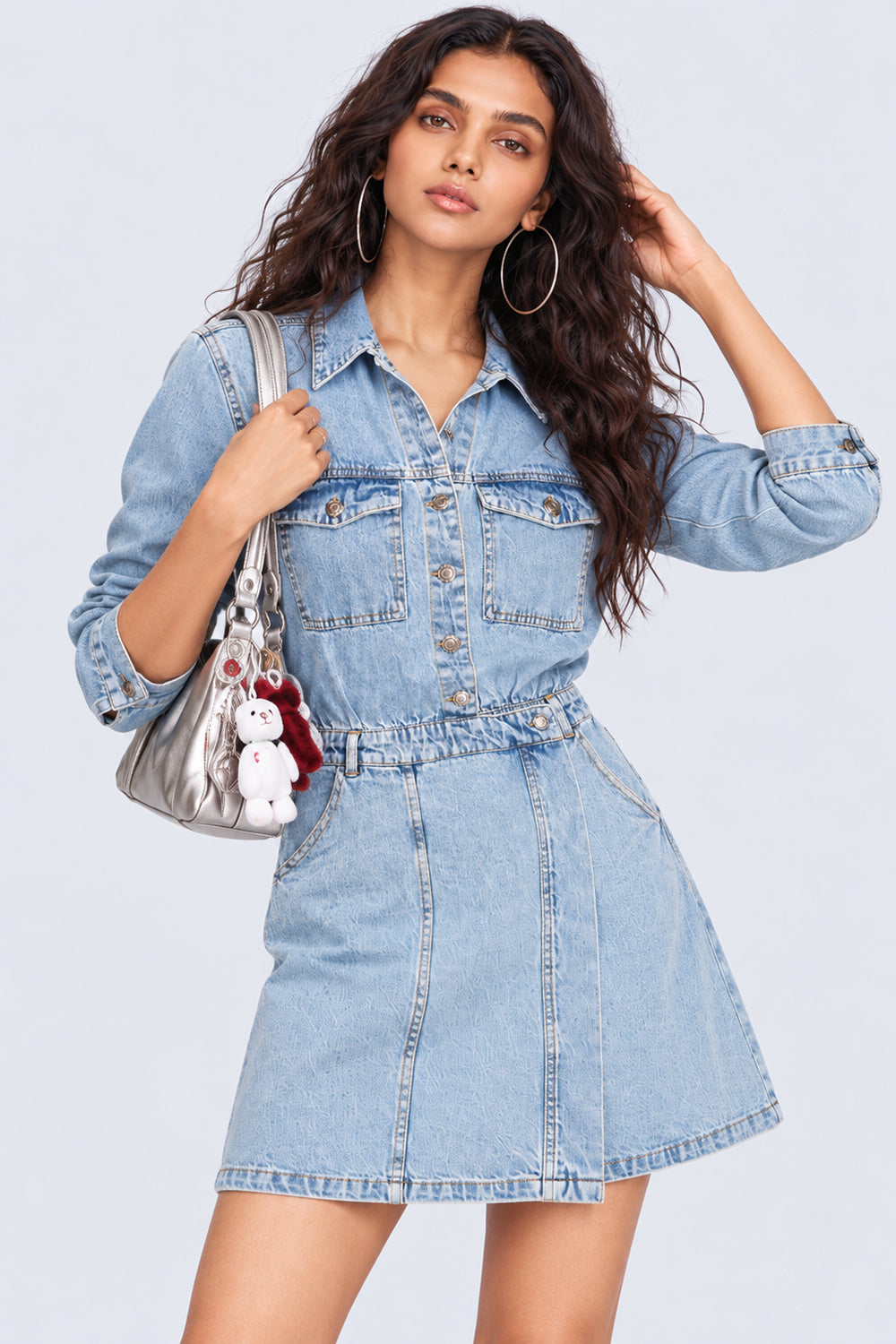 Womens Light Blue Washed Denim Shirt Mini Dress - Image 1