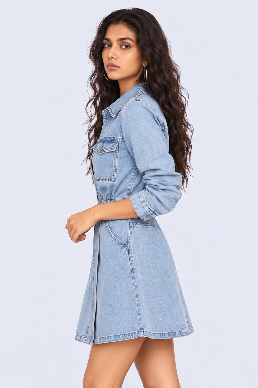 Womens Light Blue Washed Denim Shirt Mini Dress - Image 4