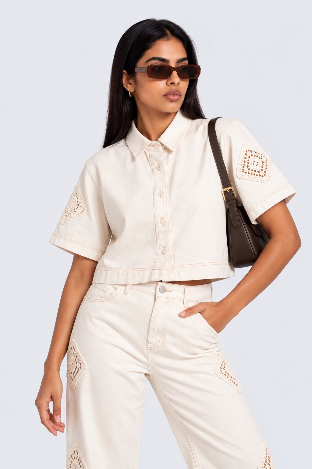 Womens Relaxed Fit Off White Lace Patch Shirt - Image 1
