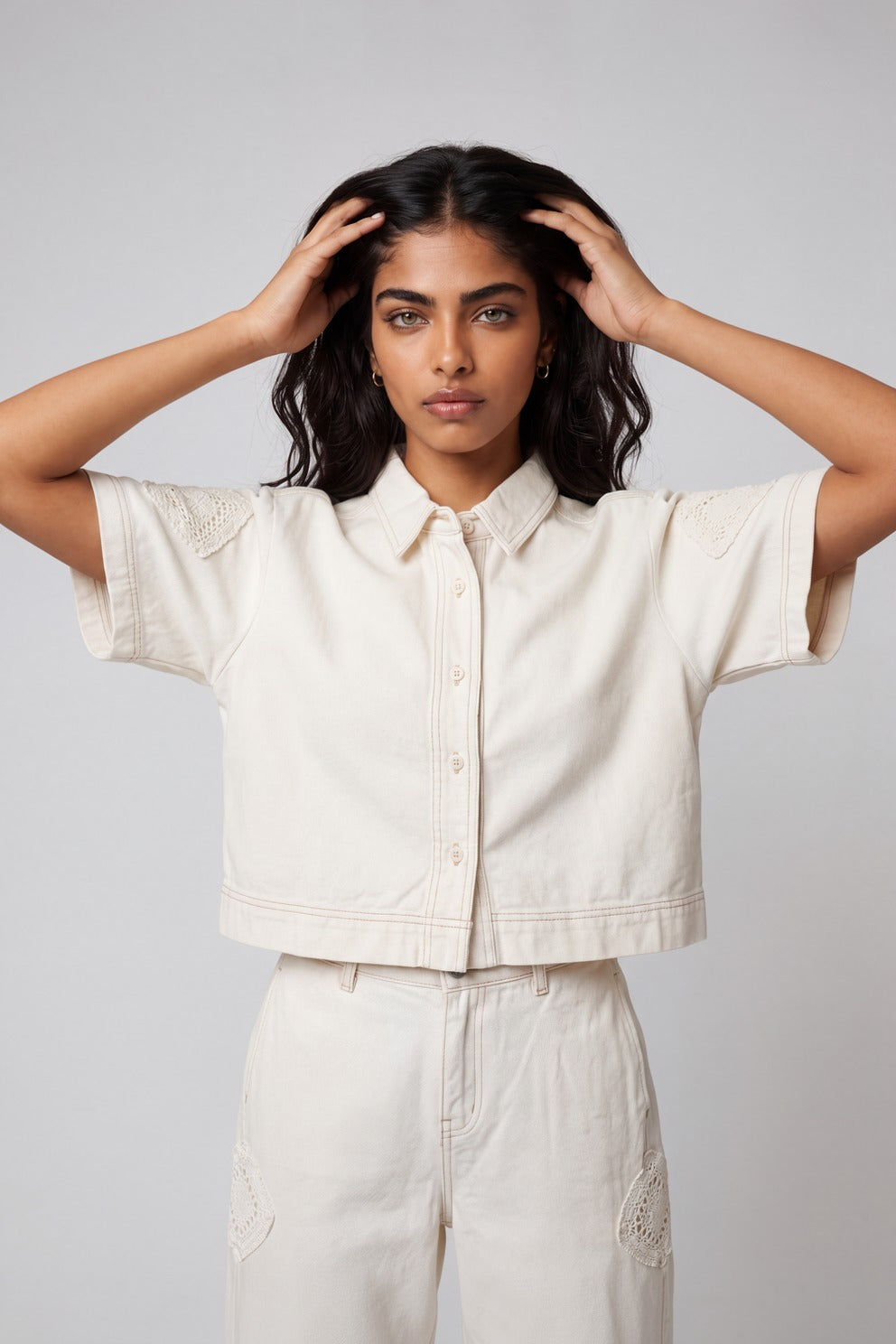 Womens Relaxed Fit Off White Lace Patch Shirt - Image 2