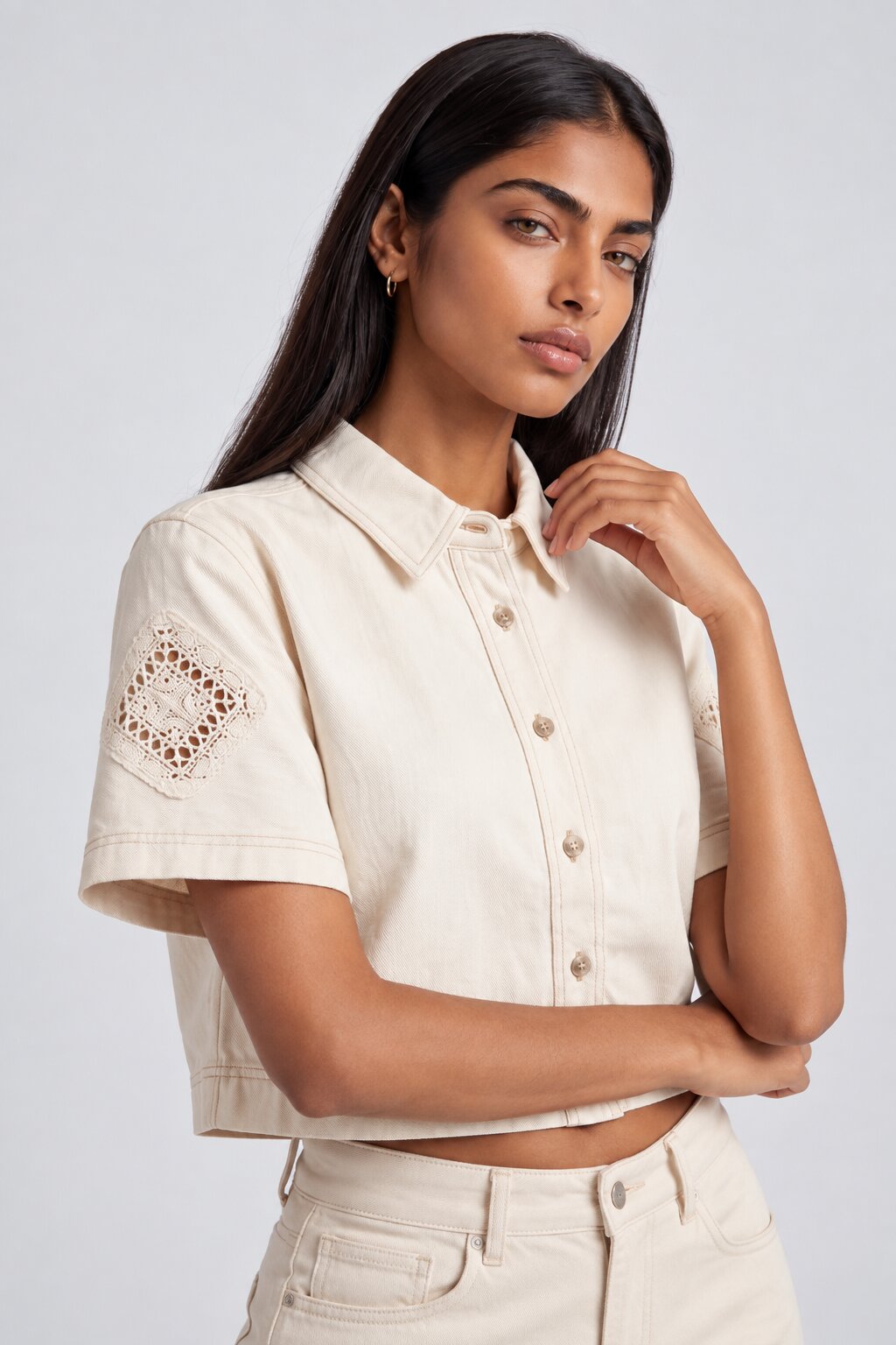 Womens Relaxed Fit Off White Lace Patch Shirt - Image 3