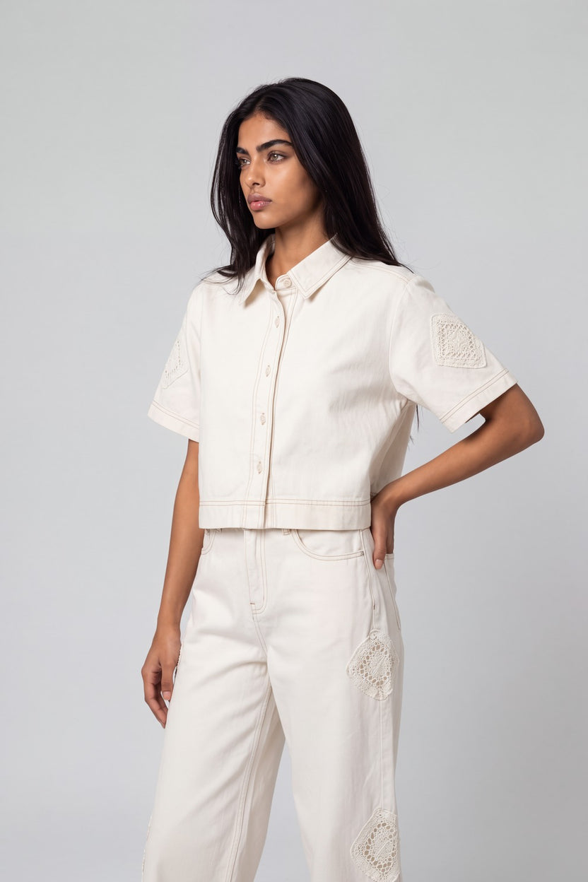 Womens Relaxed Fit Off White Lace Patch Shirt - Image 4