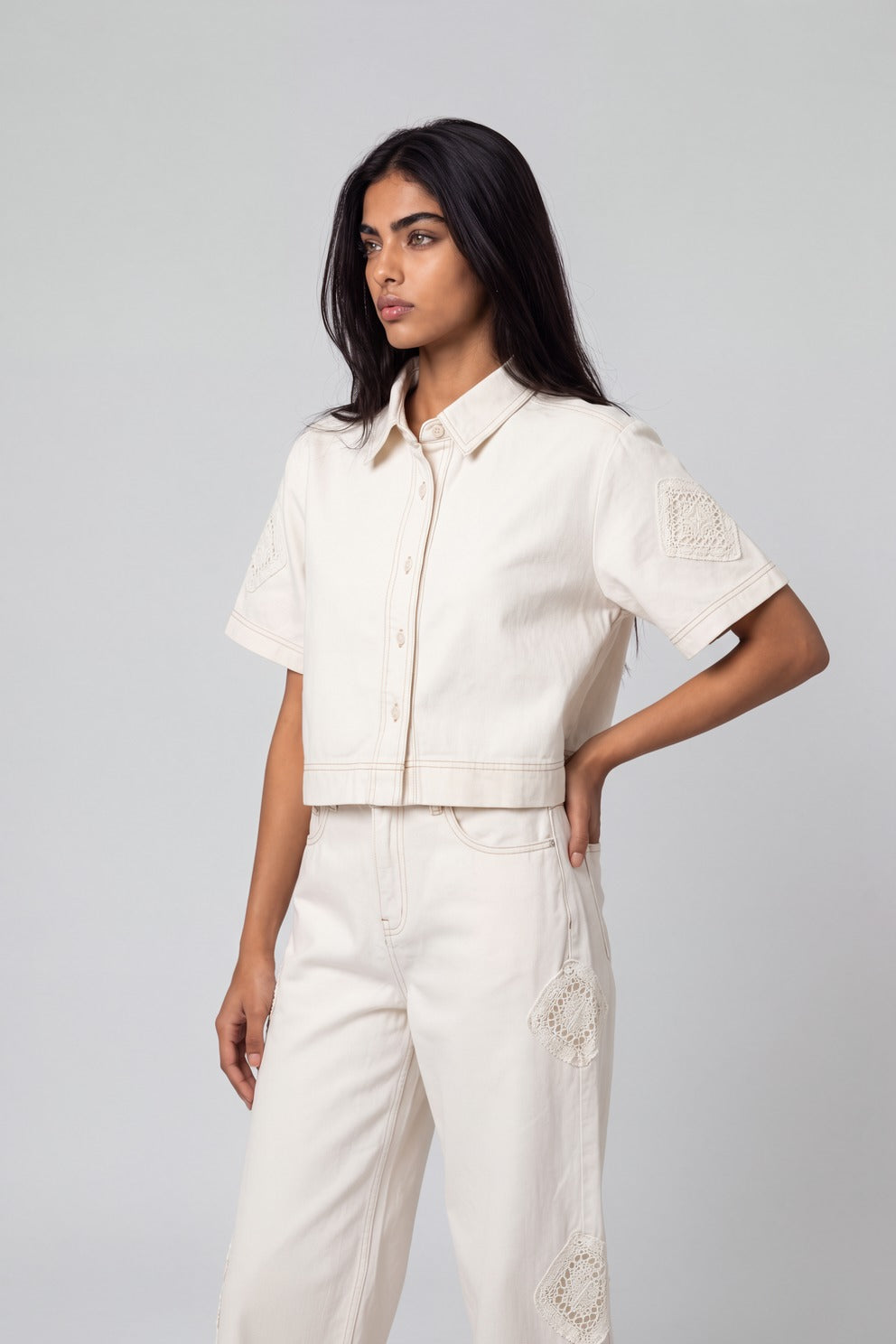 Womens Relaxed Fit Off White Lace Patch Shirt - Image 4