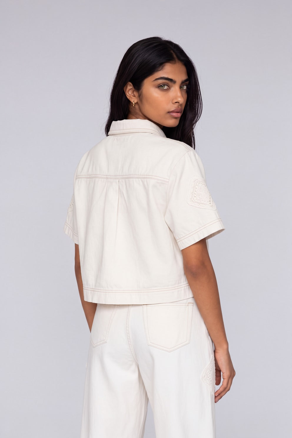 Womens Relaxed Fit Off White Lace Patch Shirt - Image 5