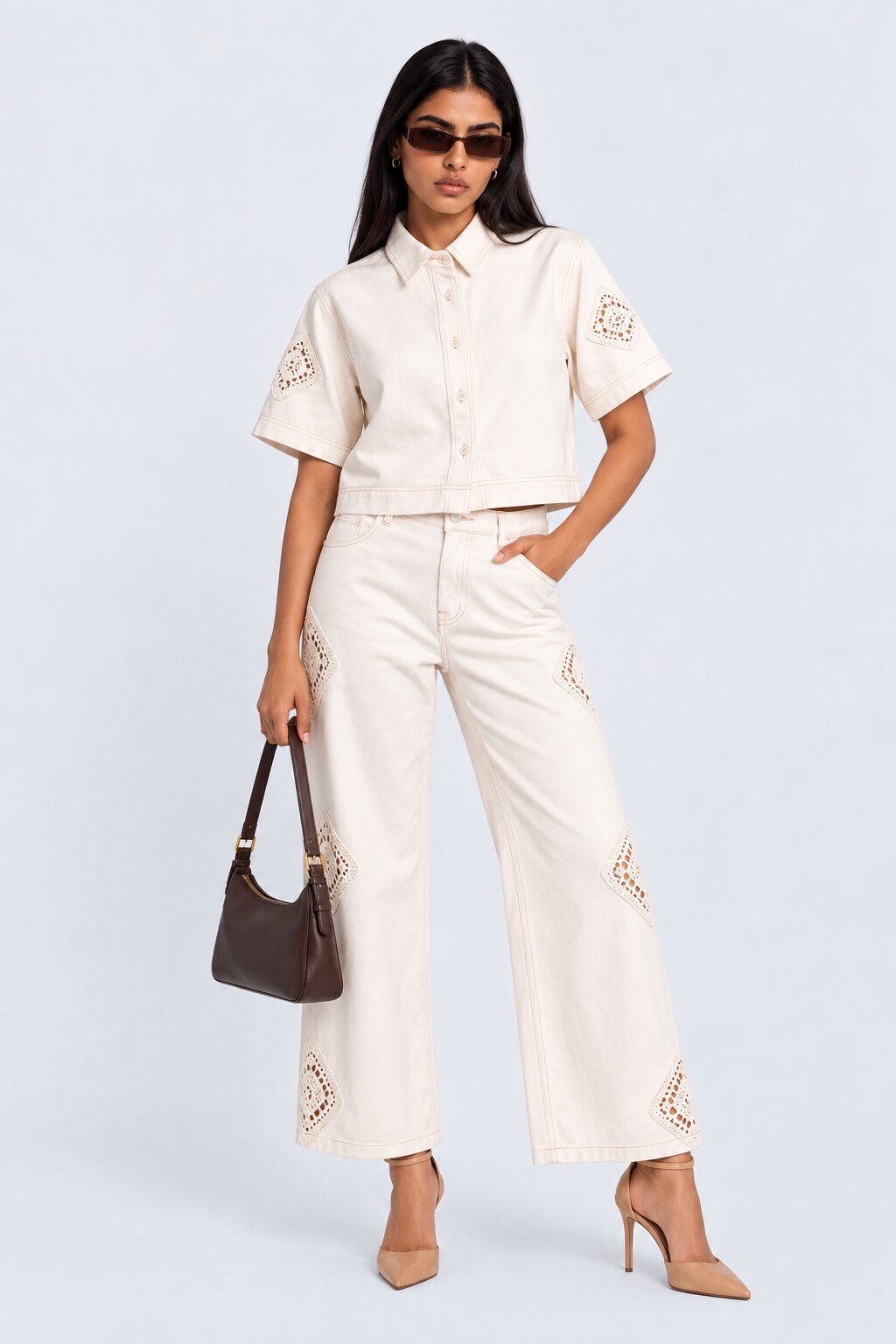 Womens Relaxed Fit Off White Lace Patch Shirt - Image 6