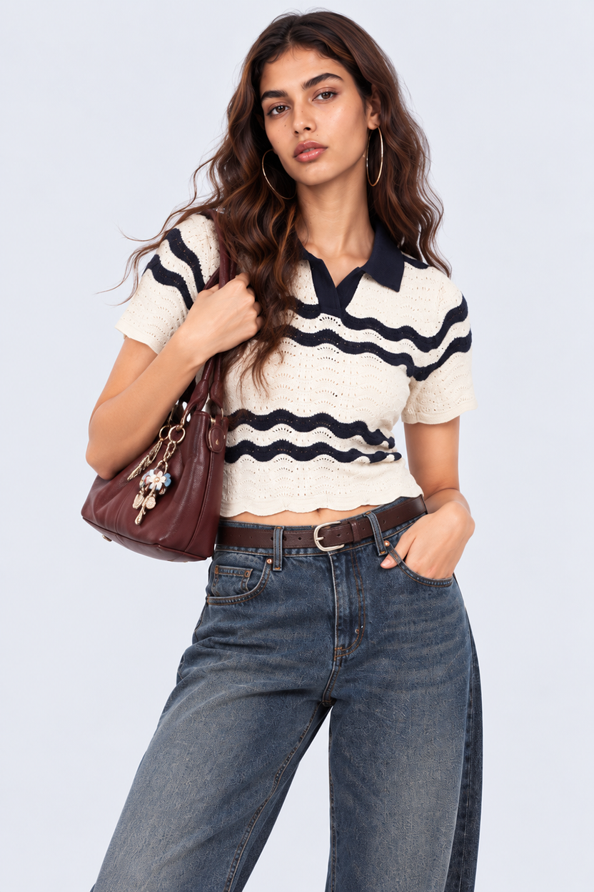 Womens Striped Open Knit Polo Top - Image 1