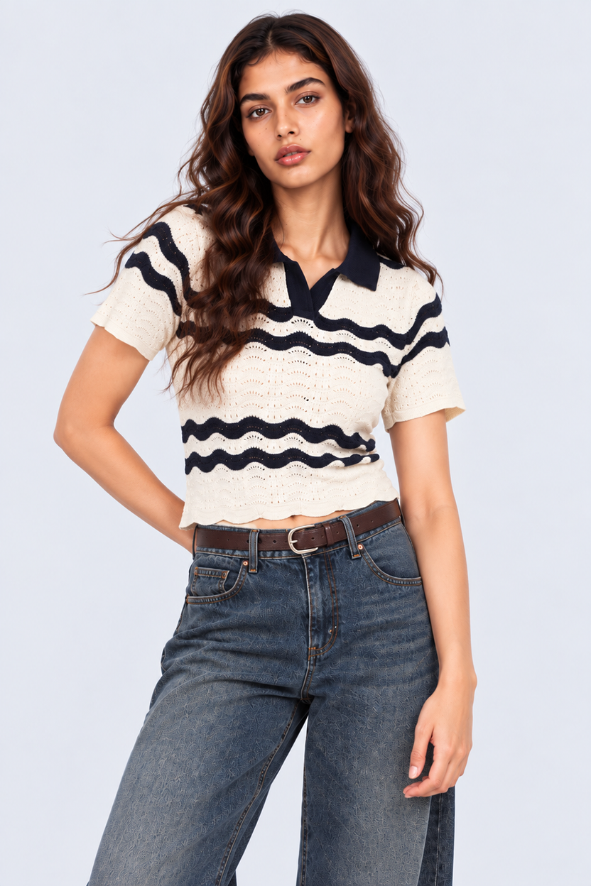 Womens Striped Open Knit Polo Top - Image 2
