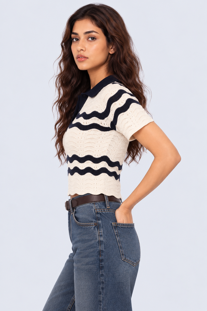 Womens Striped Open Knit Polo Top - Image 4