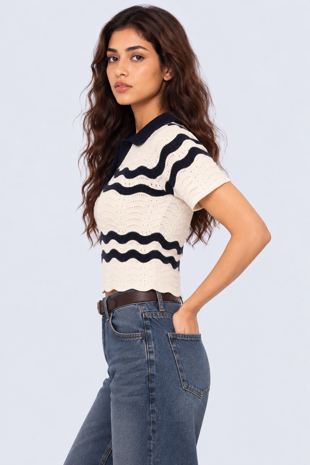 Womens Striped Open Knit Polo Top - Image 4
