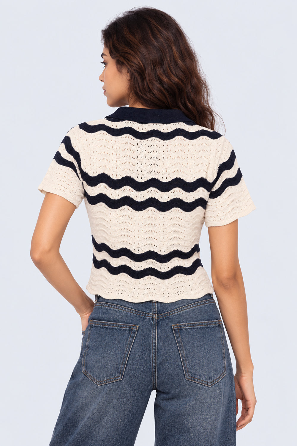 Womens Striped Open Knit Polo Top - Image 5