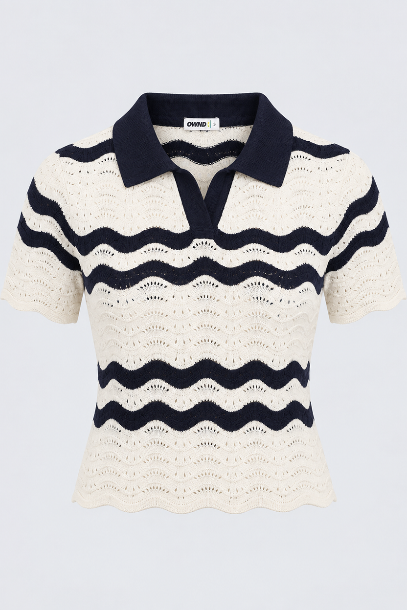 Womens Striped Open Knit Polo Top - Image 7