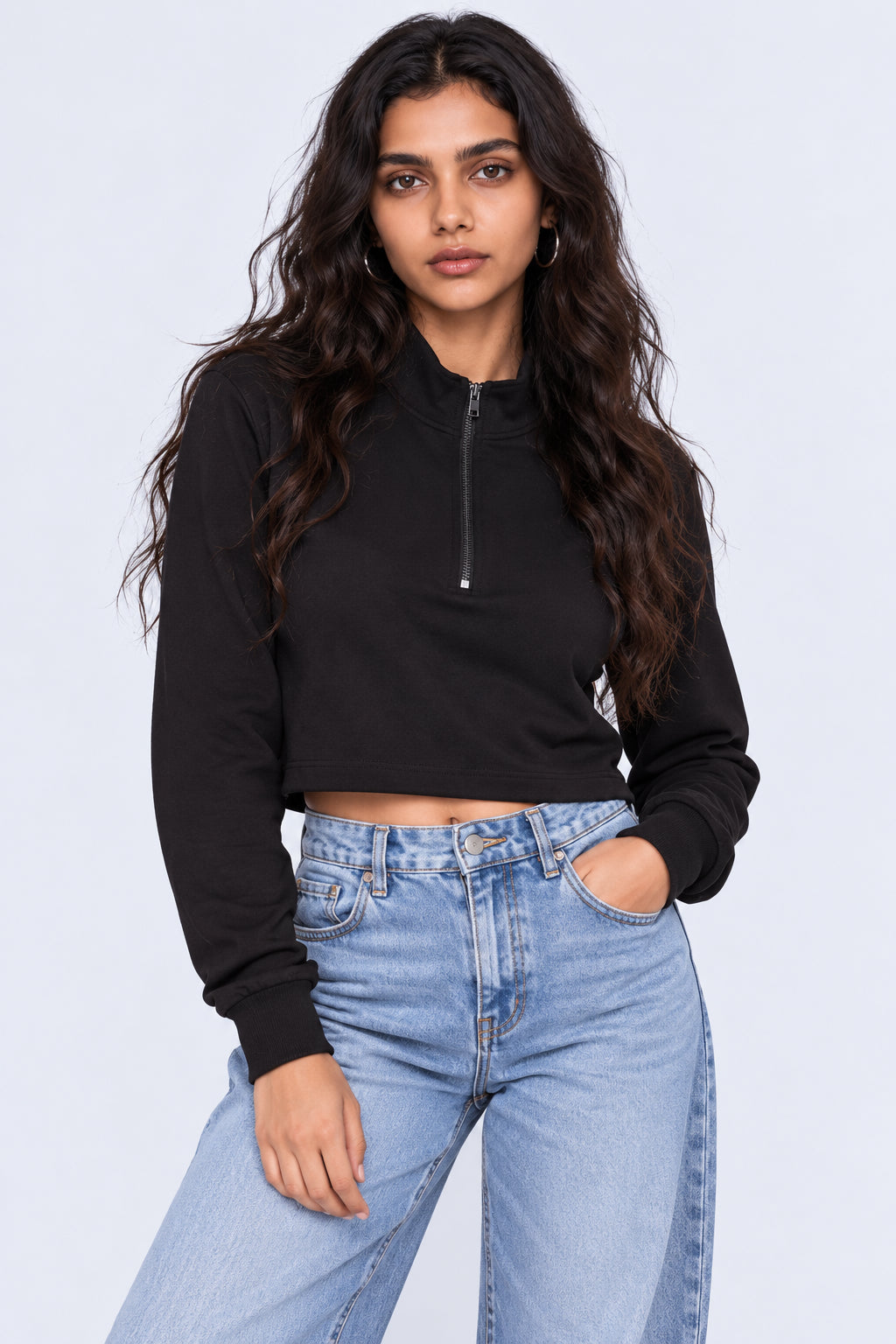 Womens Black Half Zip Crop Top - Image 1