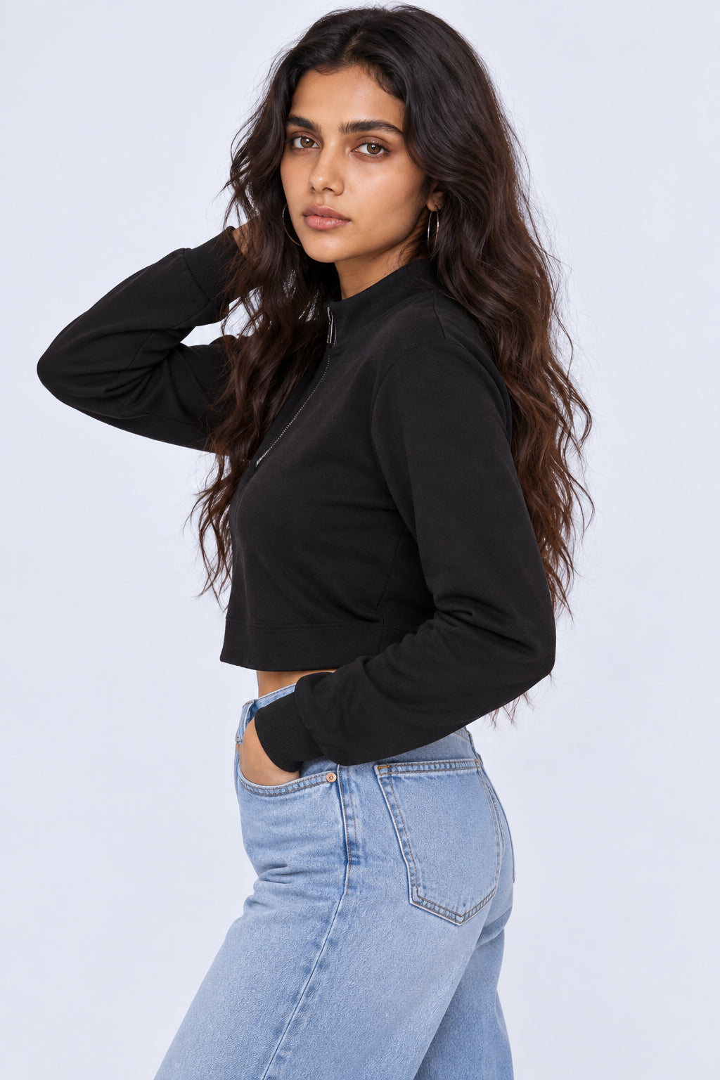 Womens Black Half Zip Crop Top - Image 2