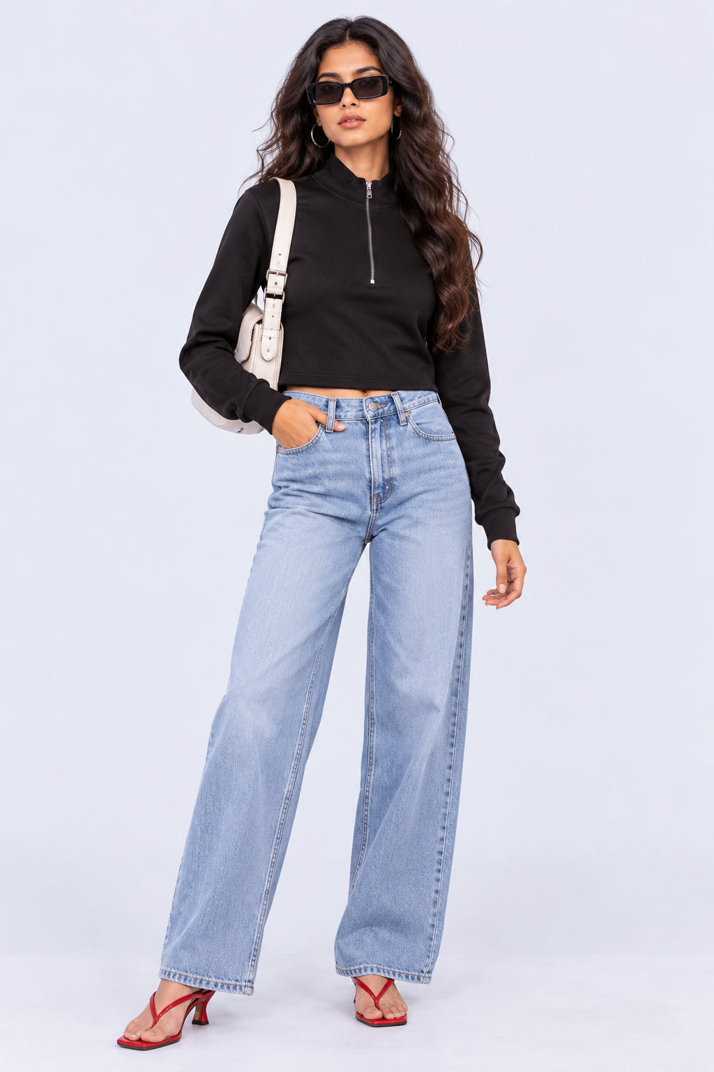 Womens Black Half Zip Crop Top - Image 5