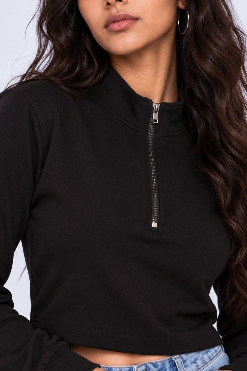 Womens Black Half Zip Crop Top - Image 8
