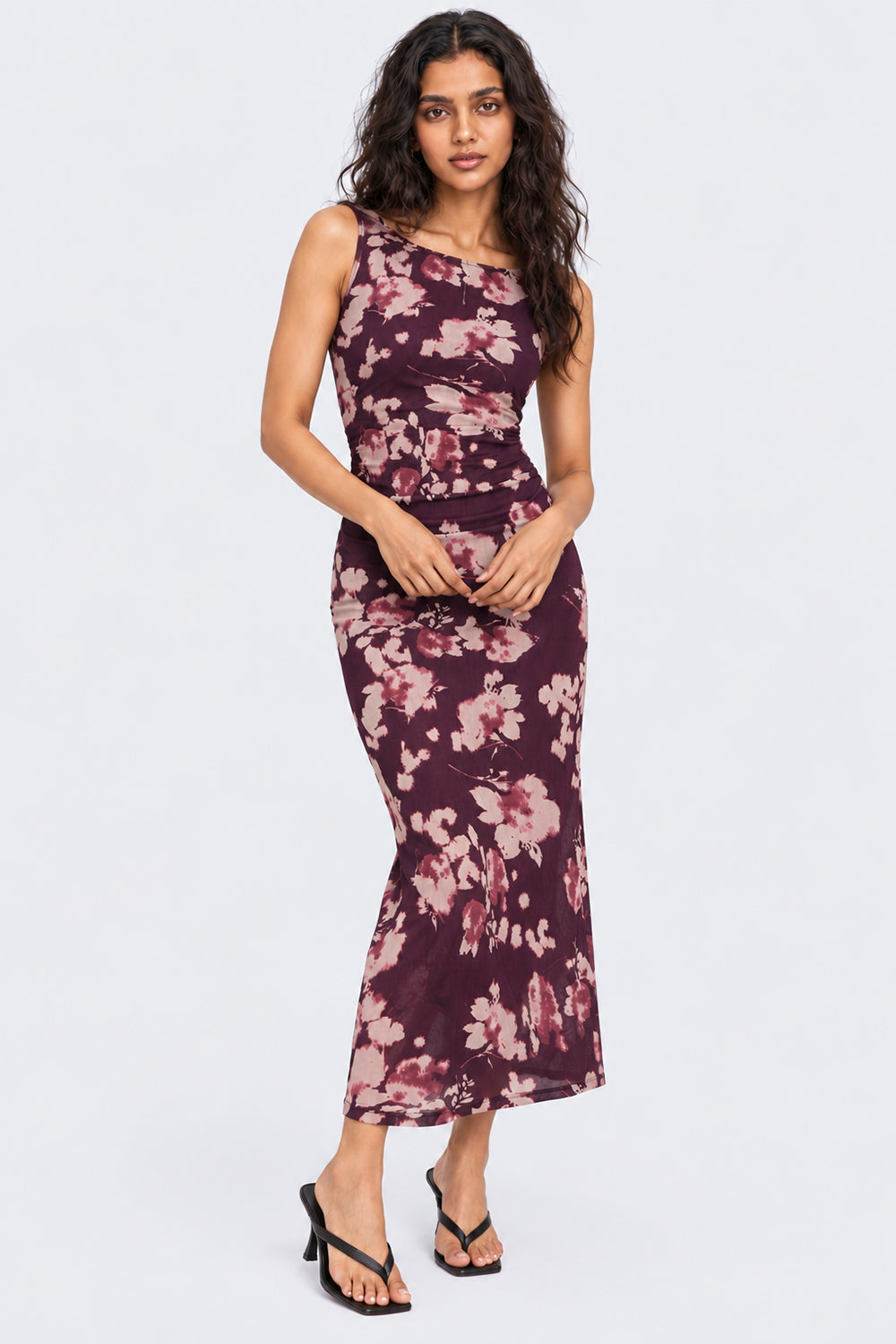 Womens Purple Floral Bodycon Mesh Maxi Dress - Image 2
