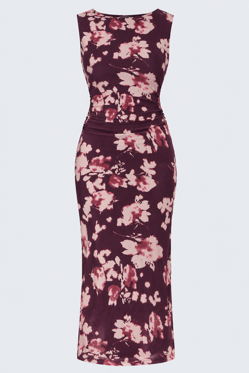 Womens Purple Floral Bodycon Mesh Maxi Dress - Image 7