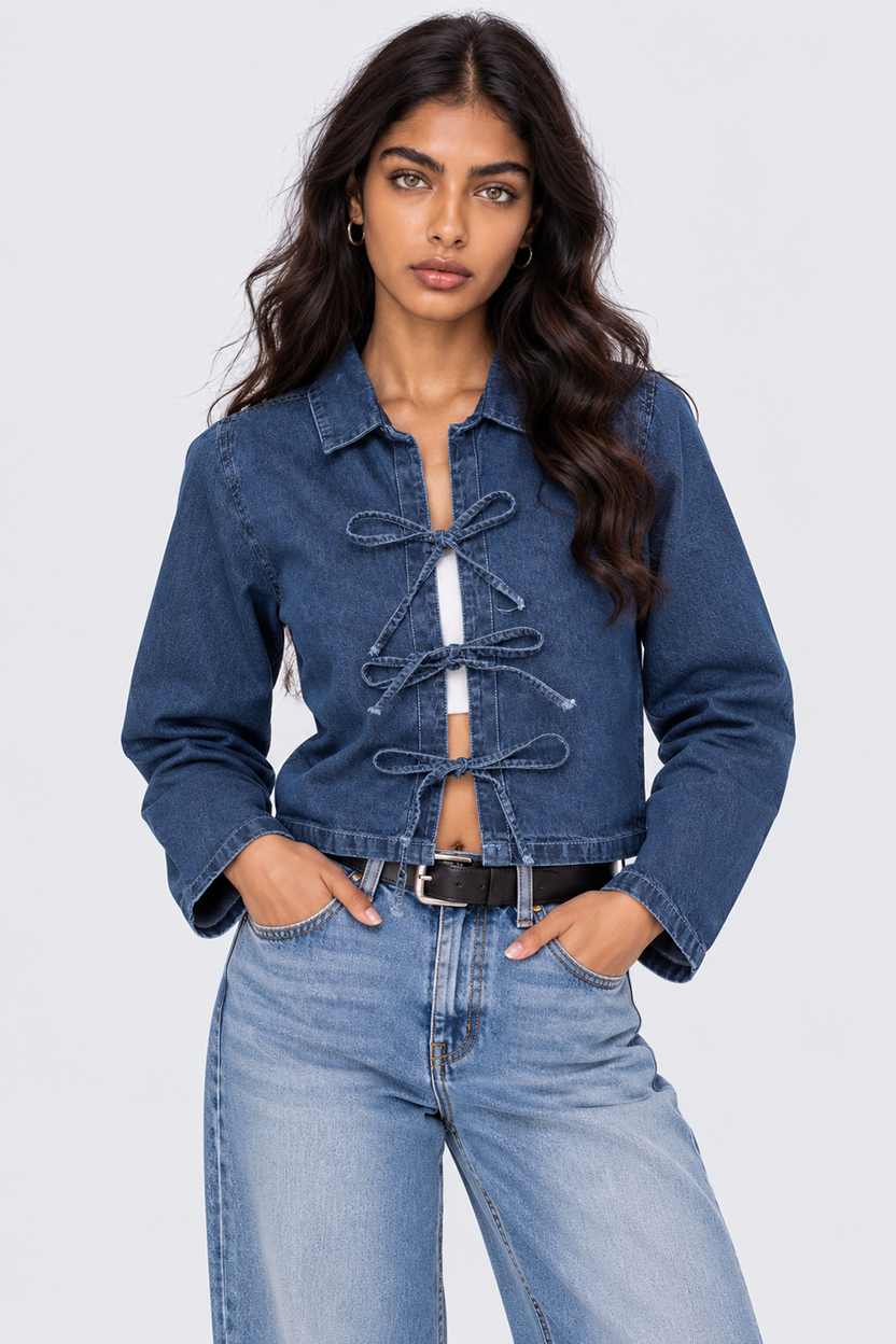 Womens Navy Front Tie Denim Crop Top - Image 2