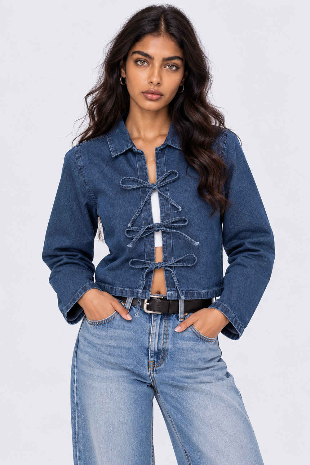 Womens Navy Front Tie Denim Crop Top - Image 2