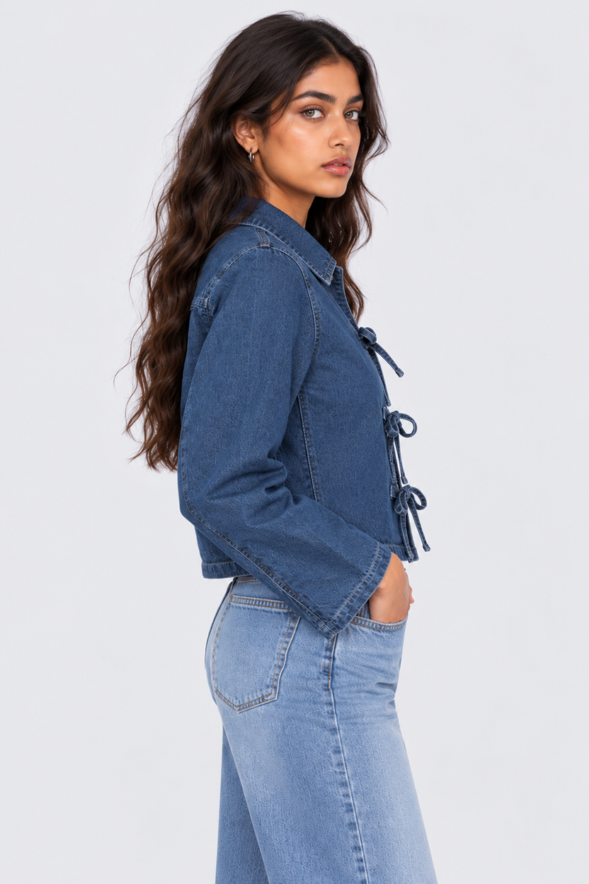 Womens Navy Front Tie Denim Crop Top - Image 5
