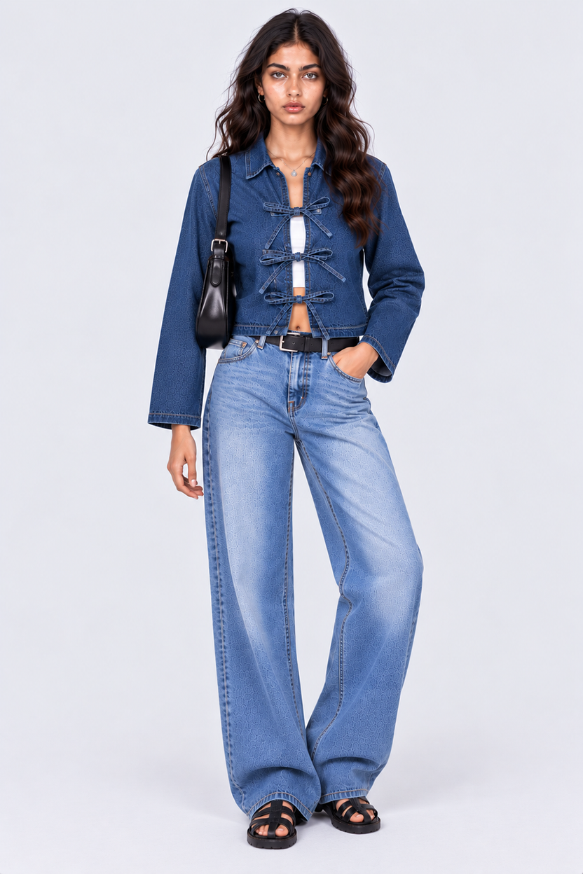 Womens Navy Front Tie Denim Crop Top - Image 6
